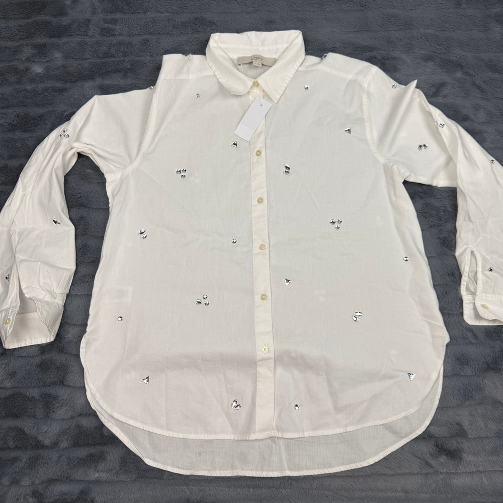 Loft White Rhinestone Embellished Button Down Shirt Small Cotton Lyocell 755513